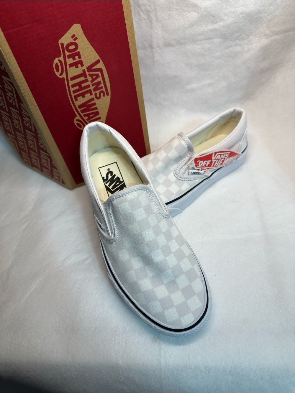 Vans White & Light Gray Checkerboard Slip-On Loafers